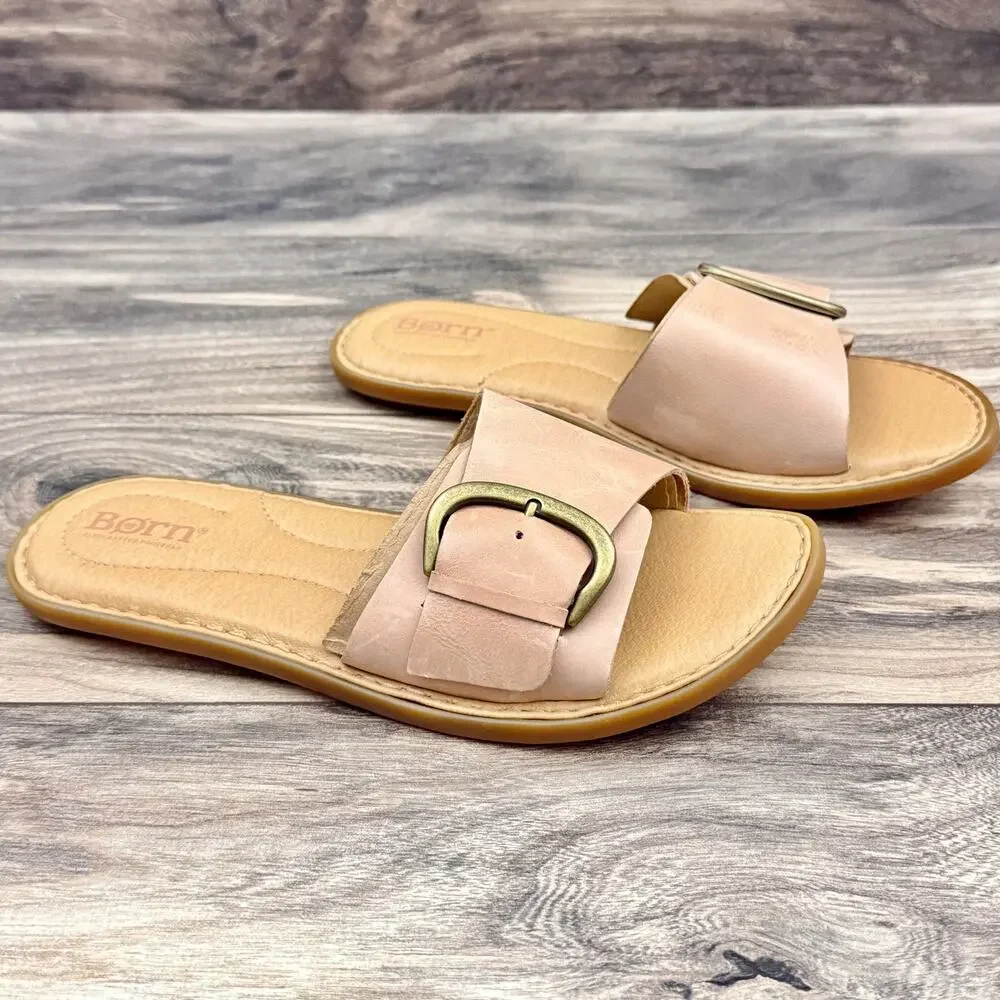❌SOLD OUT❌NIB Born Miarra 9M 39-40 Leather Big Buckle Slide Flat Sandals Blush - Picture 4 of 10